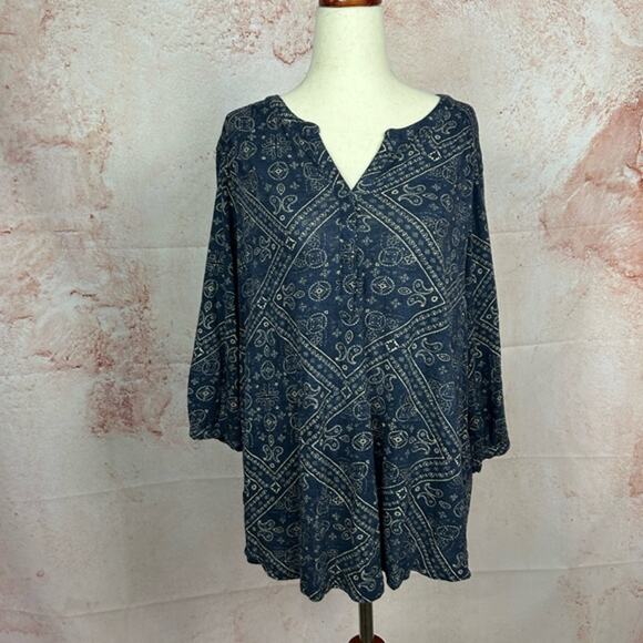 LUCKY BRAND boho western navy blue top size 1X bandana print festival shirt - Picture 1 of 4
